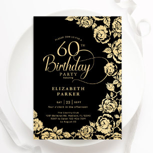 Elegant 60th Birthday Black Gold Roses Invitation