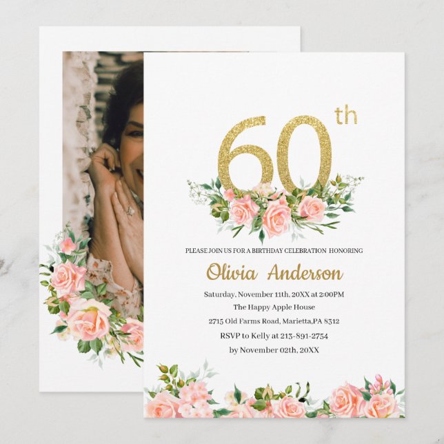 Elegant 60th  Birthday Celebration Watercolor Glit Invitation (Front/Back)