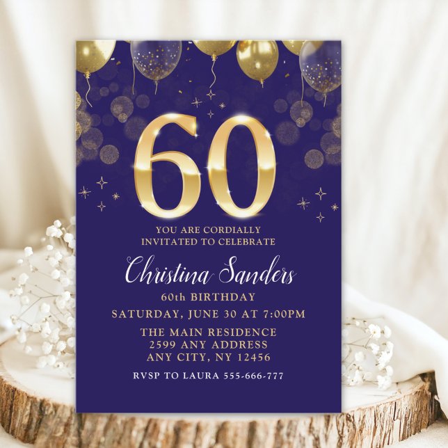 Elegant 60th Birthday Invitation with Gold Ballons (Créateur téléchargé)