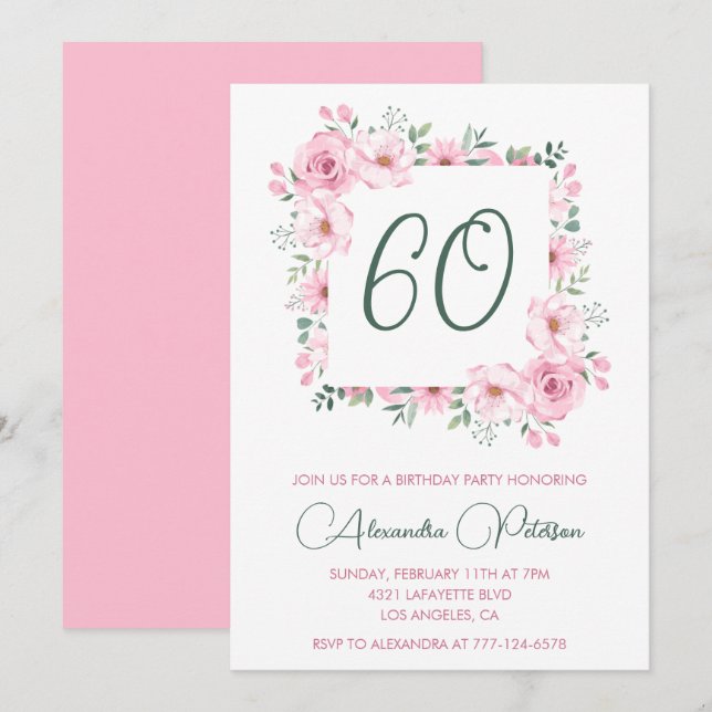 Elegant 60th birthday invitations Floral  Pink (Front/Back)
