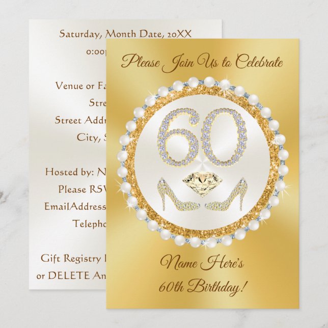 Elegant, 60th Birthday Invitations for Her, Custom (Front/Back)