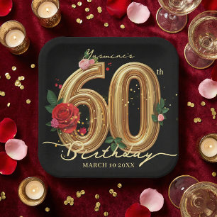 Elegant 60th Birthday Party Black Gold Red Rose Paper Plate