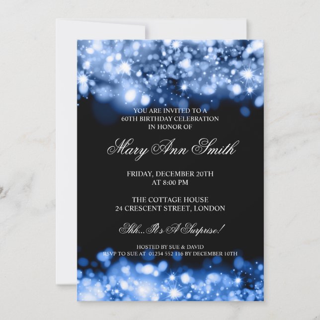 Elegant 60th Birthday Party Blue Sparkling Lights Invitation (Front)