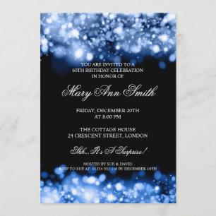Elegant 60th Birthday Party Blue Sparkling Lights Invitation