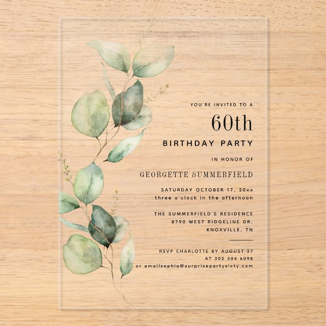Elegant 60th Birthday Party Eucalyptus Acrylic Invitations (Front)