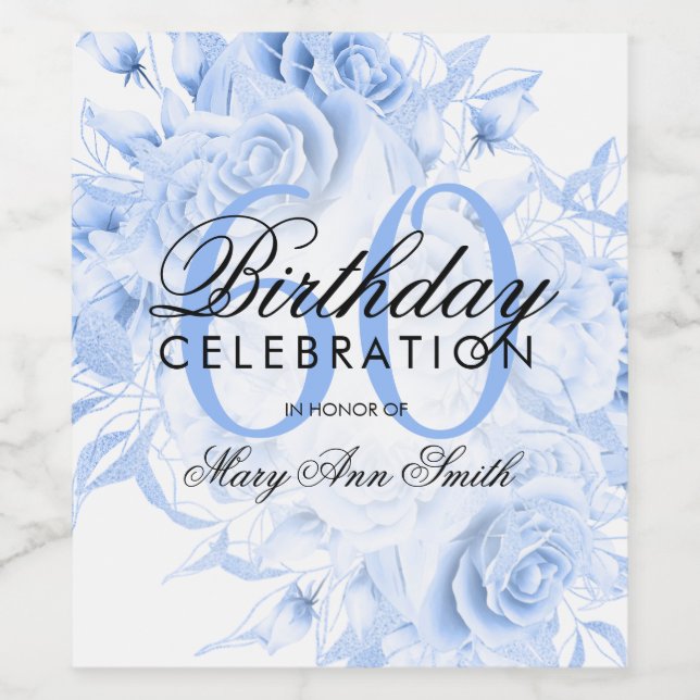 Elegant 60th Birthday Party Floral Navy Blue  Wine Label (Single Label)