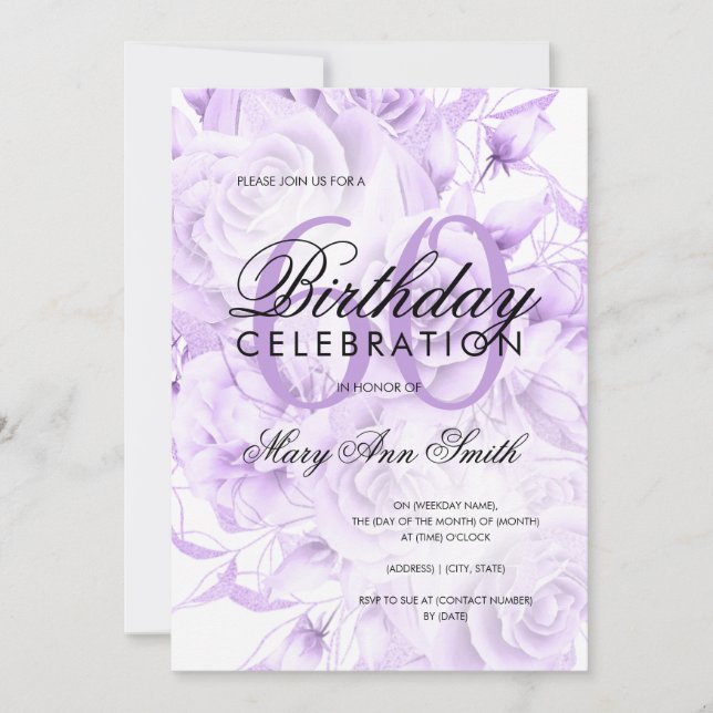 Elegant 60th Birthday Party Floral Purple  Invitation (Front)