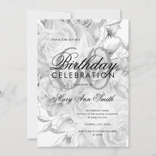 Elegant 60th Birthday Party Floral Silver White Invitation (Front)