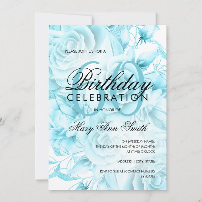 Elegant 60th Birthday Party Floral Teal  Invitation (Front)