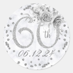Elegant 60th Birthday Party Glam Marble Silver  Classic Round Sticker