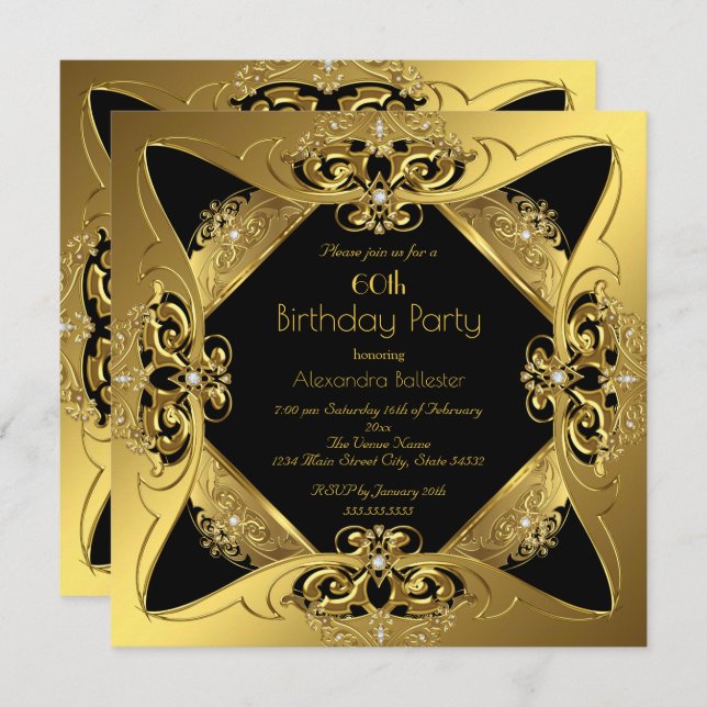 Elegant 60th Birthday Party Gold Black Diamond Invitation (Front/Back)