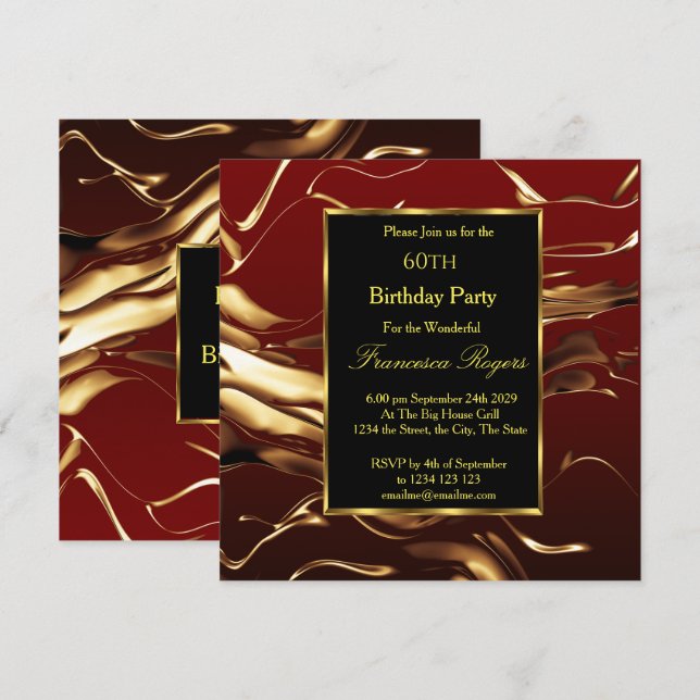 Elegant 60th Birthday Party Gold Burgundy Black Invitation (Front/Back)