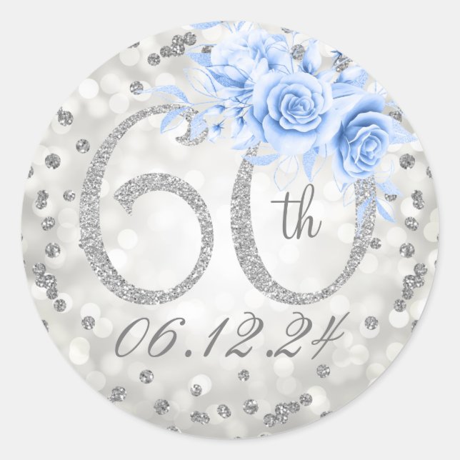 Elegant 60th Birthday Party Lights Silver Blue  Classic Round Sticker (Front)