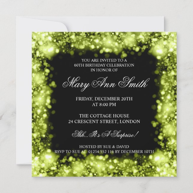 Elegant 60th Birthday Party Lime Sparkling Lights Invitation (Front)