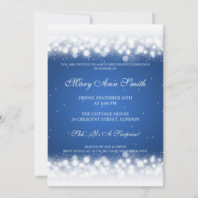 Elegant 60th Birthday Party Magic Sparkle Blue Invitation (Front)