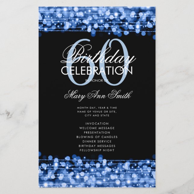 Elegant 60th Birthday Party Program Blue w/ Menu (Front)