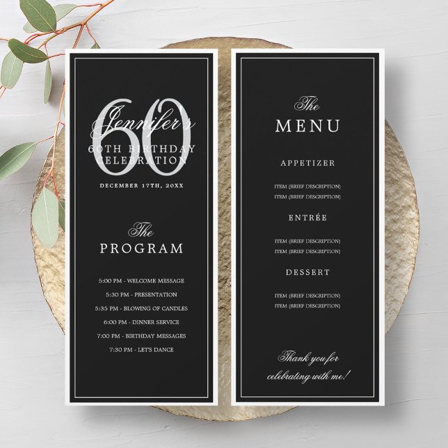 Elegant 60th Birthday Party Program + Menu Black  (Elegant 60th Birthday Party Program + Menu Black)