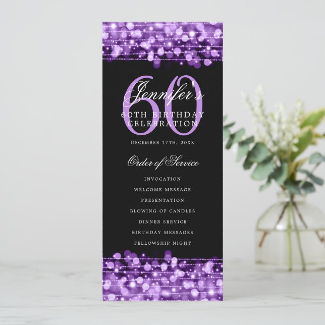 Elegant 60th Birthday Party Program Purple Menu (Standing Front)