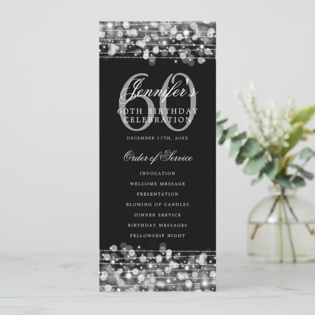 Elegant 60th Birthday Party Program Silver  (Standing Front)