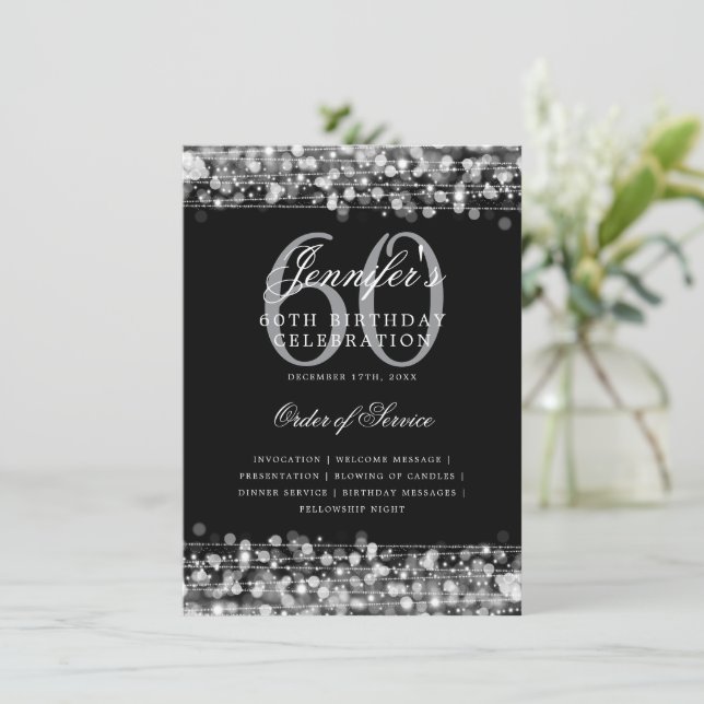 Elegant 60th Birthday Party Program Silver w/ Menu (Standing Front)