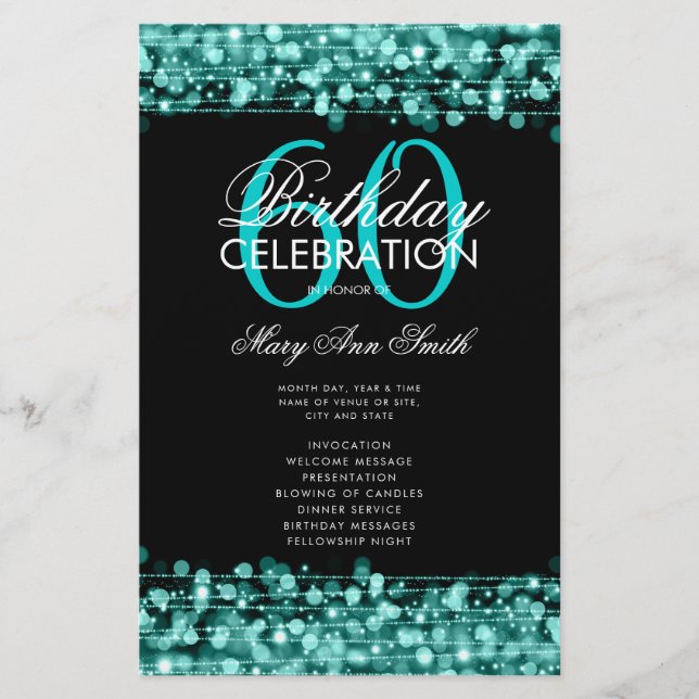 Elegant 60th Birthday Party Program Teal w/ Menu (Front)