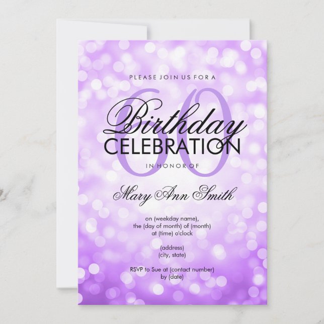 Elegant 60th Birthday Party Purple Glitter Lights Invitation (Front)