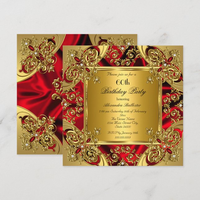 Elegant 60th Birthday Party Silk Ruby Red Gold Invitation (Front/Back)
