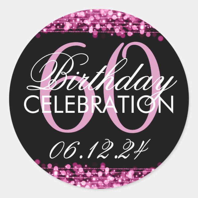 Elegant 60th Birthday Party Sparkles Pink Classic Round Sticker (Front)