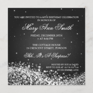 Elegant 60th Birthday Party Sparkling Wave Black Invitation
