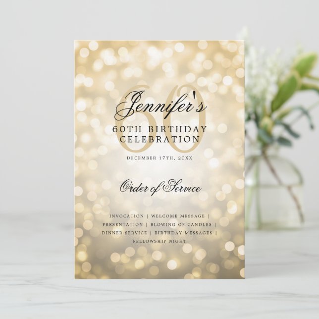 Elegant 60th Birthday Program Gold Bokeh w/ Menu (Standing Front)