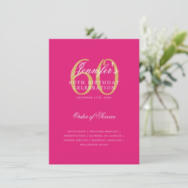 Elegant 60th Birthday Program Gold Hot Pink Menu (Standing Front)