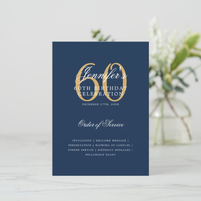 Elegant 60th Birthday Program Gold Navy Menu (Standing Front)