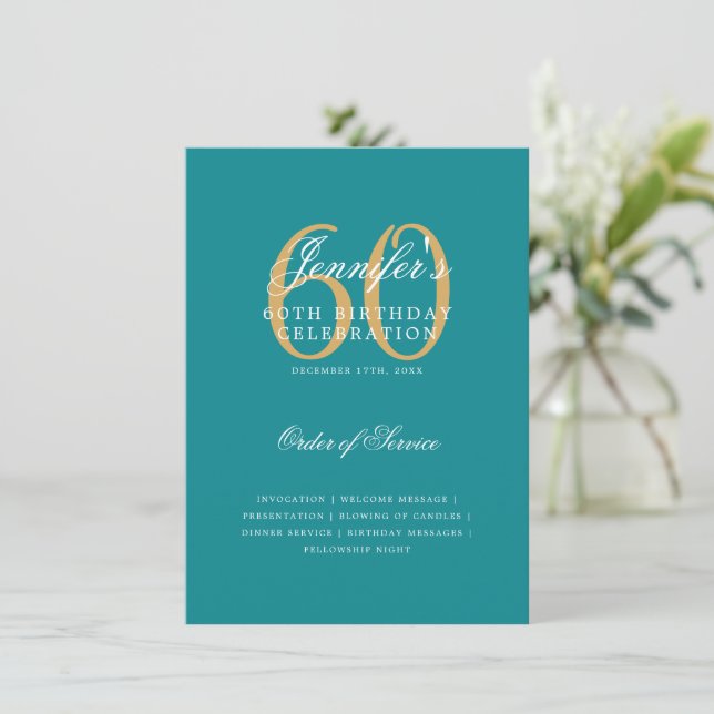 Elegant 60th Birthday Program Gold Turquoise Menu (Standing Front)