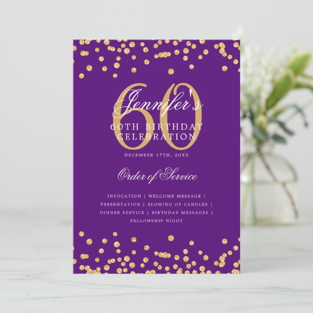 Elegant 60th Birthday Program Menu Gold Purple  (Standing Front)