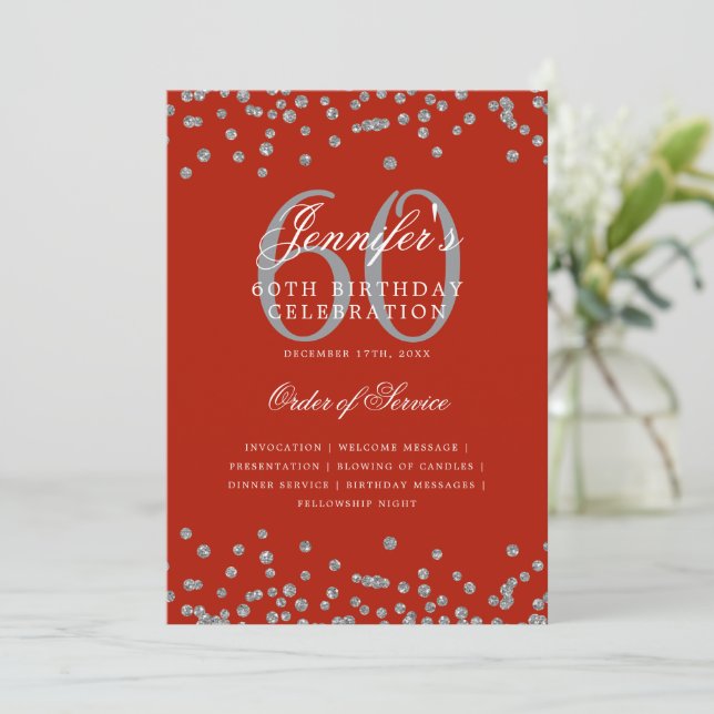 Elegant 60th Birthday Program Menu Silver Red  (Standing Front)
