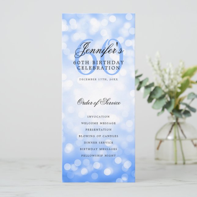 Elegant 60th Birthday Program Navy Blue Bokeh (Standing Front)
