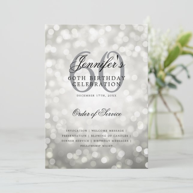 Elegant 60th Birthday Program Silver Bokeh w/ Menu (Standing Front)