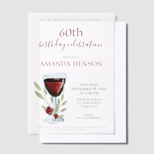 Elegant 60th Birthday Red Wine Surprise Birthday  Vellum Invitations (Offset)