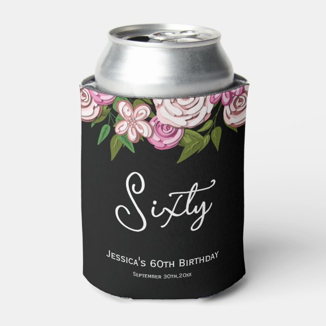 Elegant 60th Birthday Rose Floral Can Cooler (Can Front)