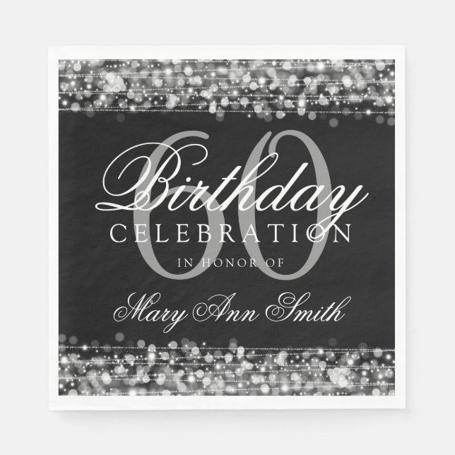 Elegant 60th Birthday Silver Bokeh Sparkle Lights Napkin (Front)