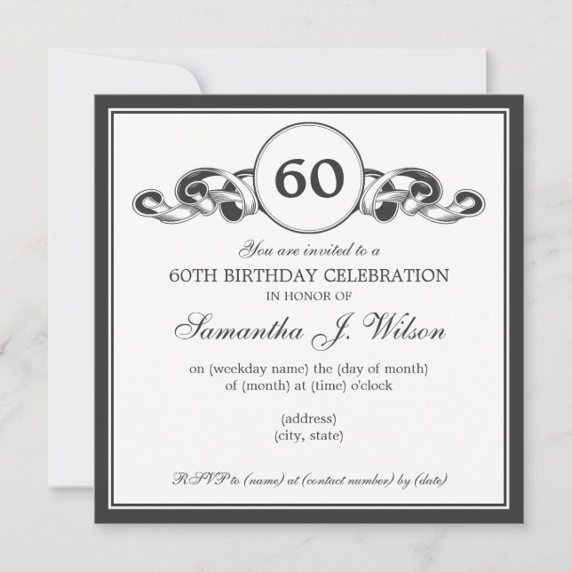 Elegant 60th Birthday Swirly Ribbon Black Invitation (Front)