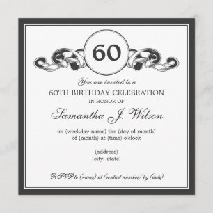 Elegant 60th Birthday Swirly Ribbon Black Invitation