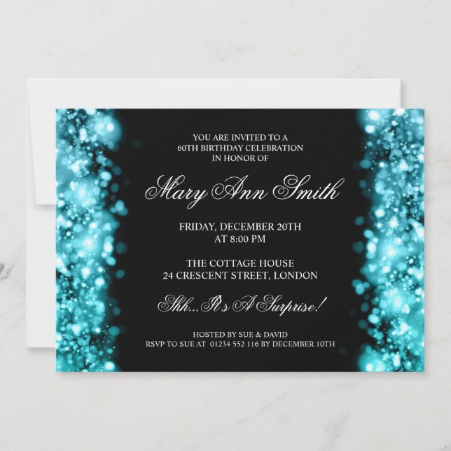 Elegant 60th Birthday Turquoise Sparkling Lights Invitation (Front)