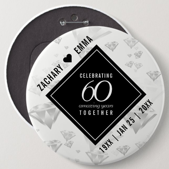 Elegant 60th Diamond Wedding Anniversary 6 Inch Round Button (Front & Back)
