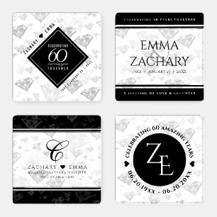 Elegant 60th Diamond Wedding Anniversary Coaster Set