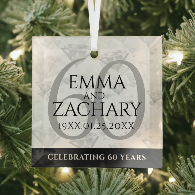 Elegant 60th Diamond Wedding Anniversary Glass Ornament (Insitu)