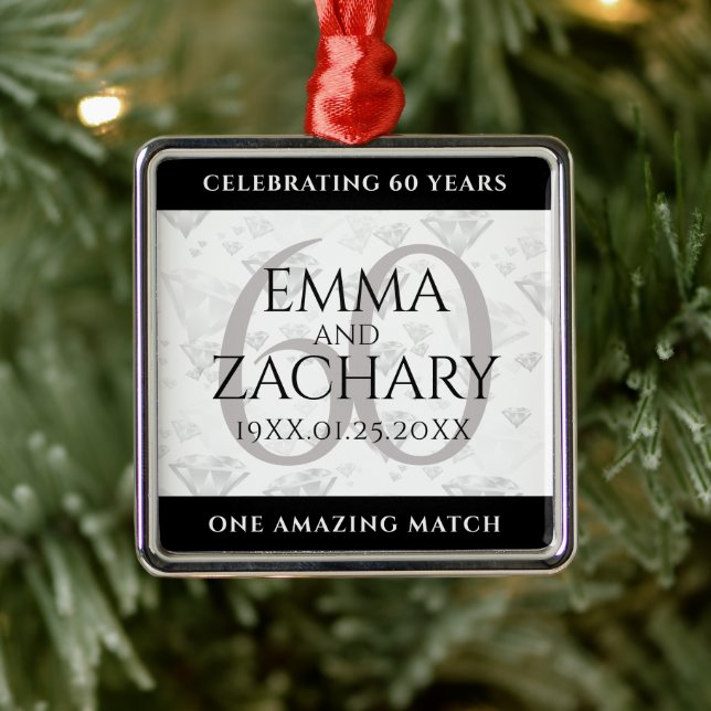 Elegant 60th Diamond Wedding Anniversary Metal Ornament (Tree)