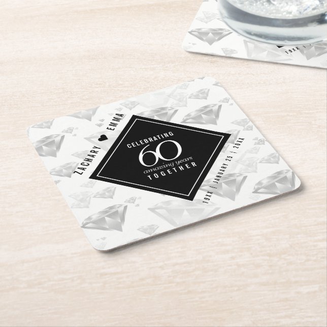 Elegant 60th Diamond Wedding Anniversary Square Paper Coaster (Angled)