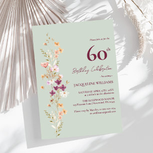 Elegant 60th Floral Wildflower Sage Birthday Invitation