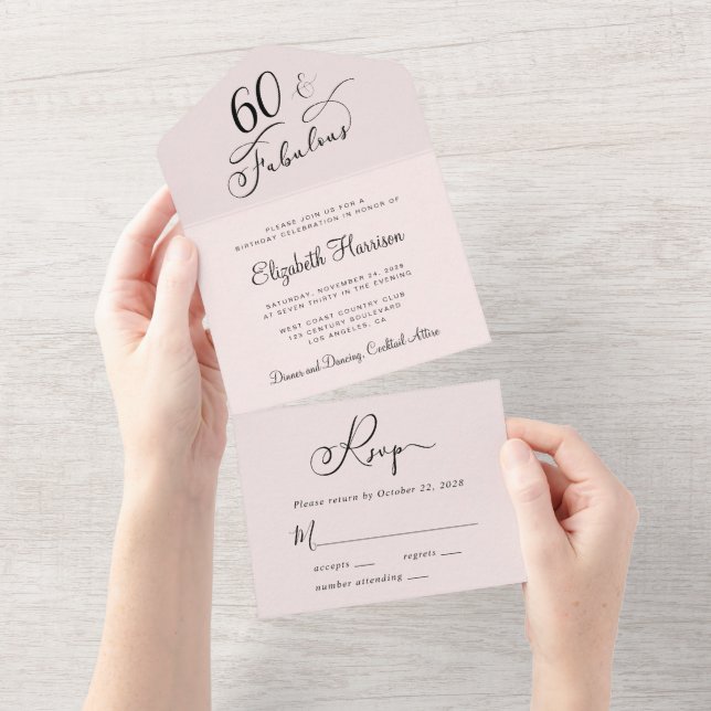 Elegant 60th Pink Birthday Party All In One Invitation (Tearaway)